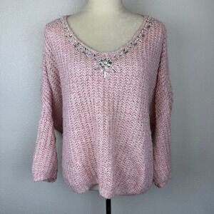 QED LONDON Pink Rhinestone Embellished V Neck Knit Sweater Women's Woven